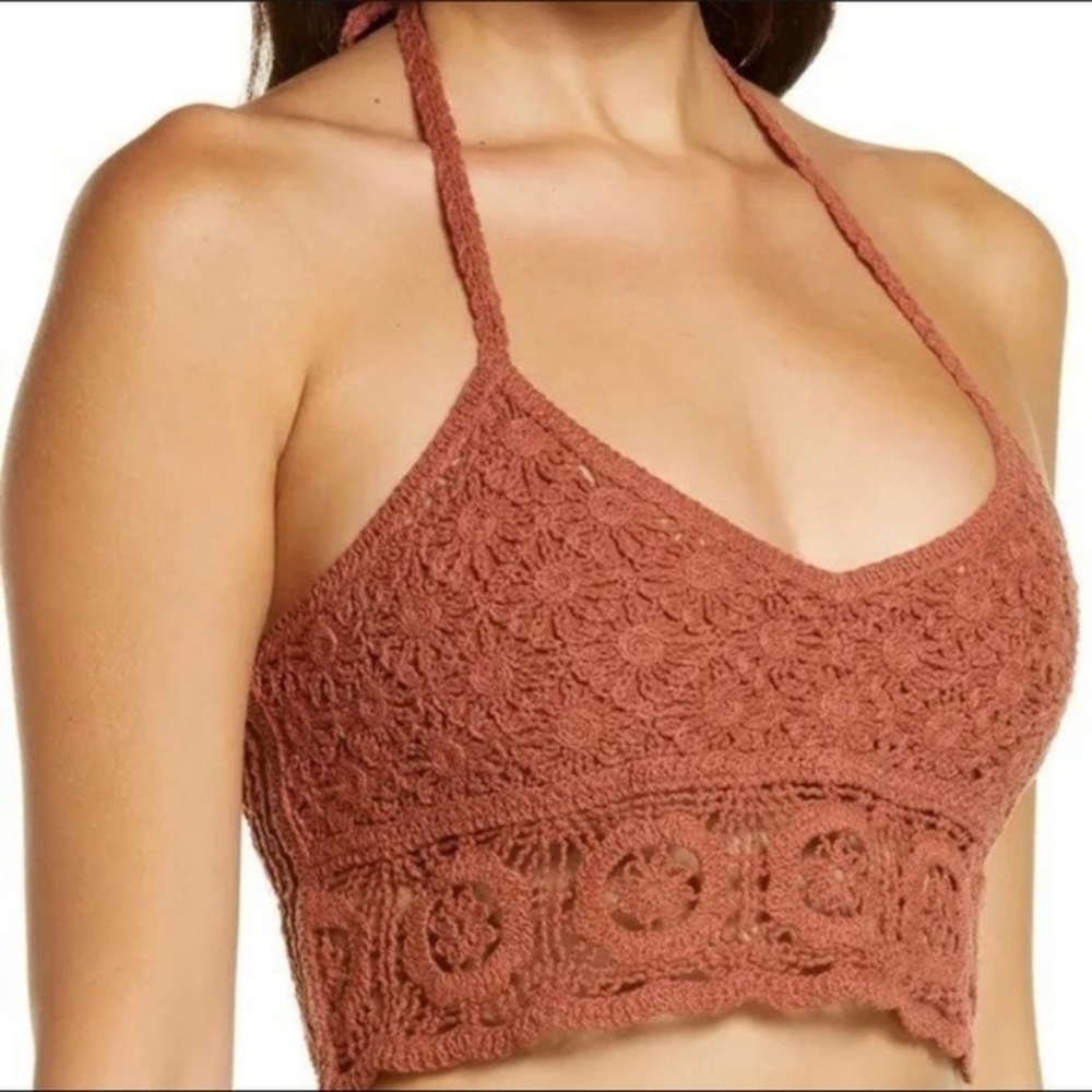 Free People Halter Top Crochet Lace Size Small Canyon Sunset Brown NEW